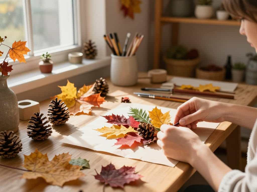 Naturmaterialien basteln mit Herbstlaub und Zapfen