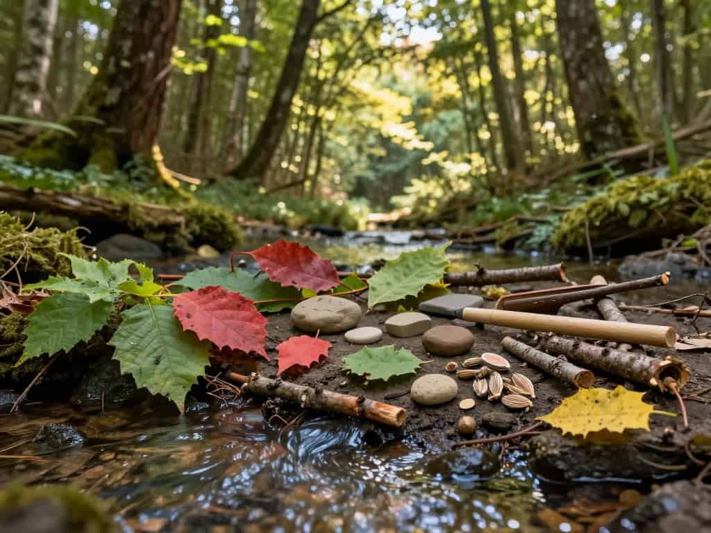 Naturmaterialien sammeln für Knetprojekte mit Blättern und Zweigen