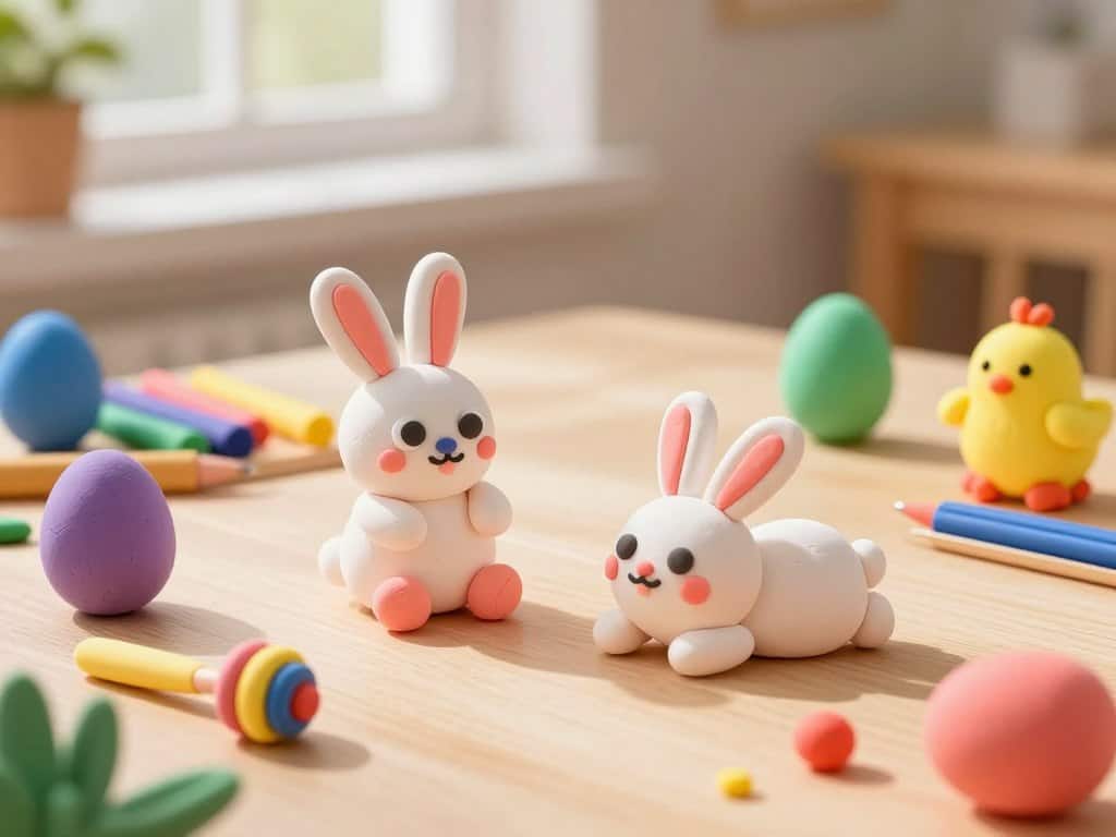 Osterhasen basteln aus Knete mit verschiedenen Formen