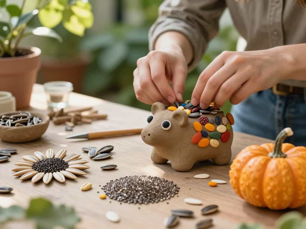 Samen verzieren Knetkunstwerk mit verschiedenen Körnern