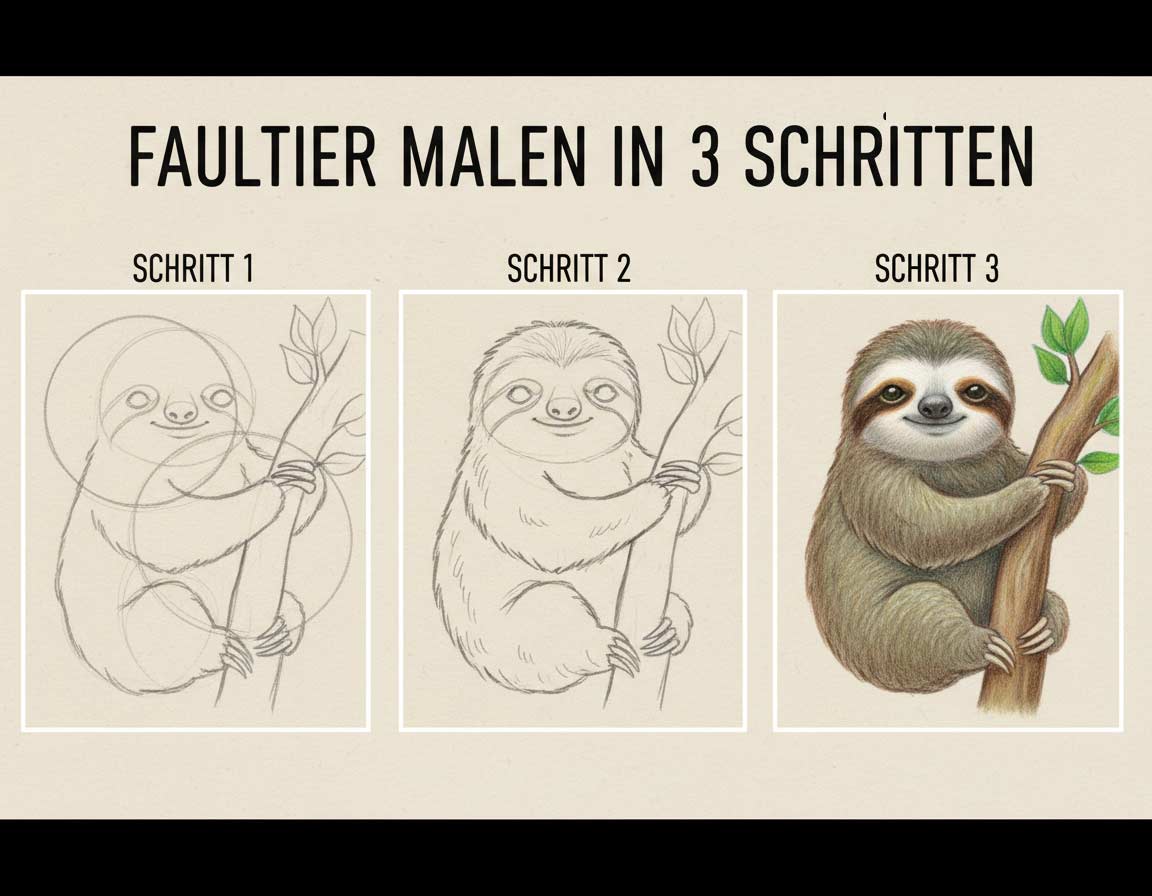 Faultier in 3 Schritten Anleitung gemalt Faultier in 3 Schritten Anleitung gemalt