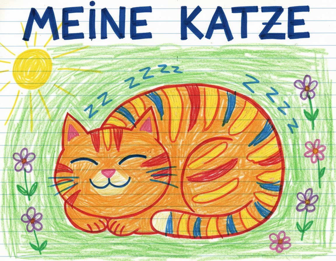 Katze schlafend als Kinderzeichnung gemalt Katze schlafend als Kinderzeichnung gemalt