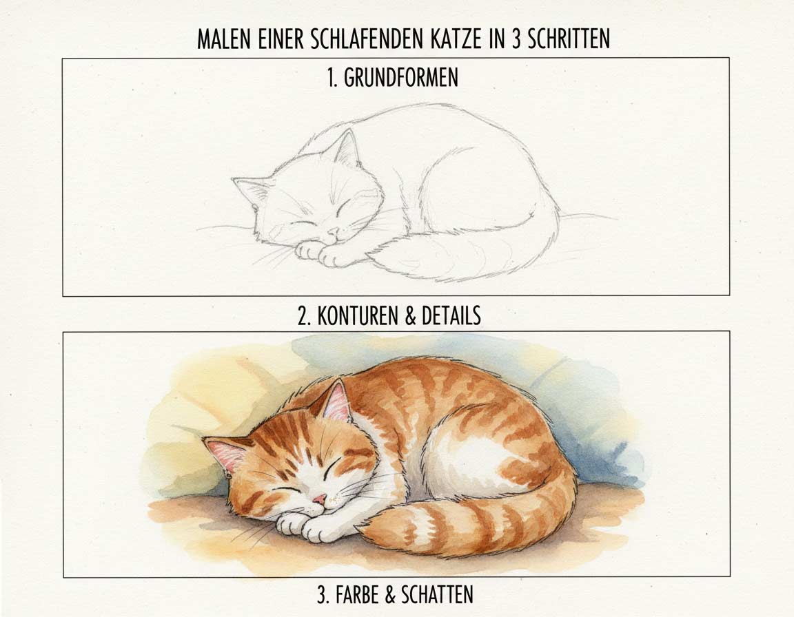 Katze schlafend mit Schritt für Schritt Anmeldung gemalt Katze schlafend mit Schritt für Schritt Anmeldung gemalt
