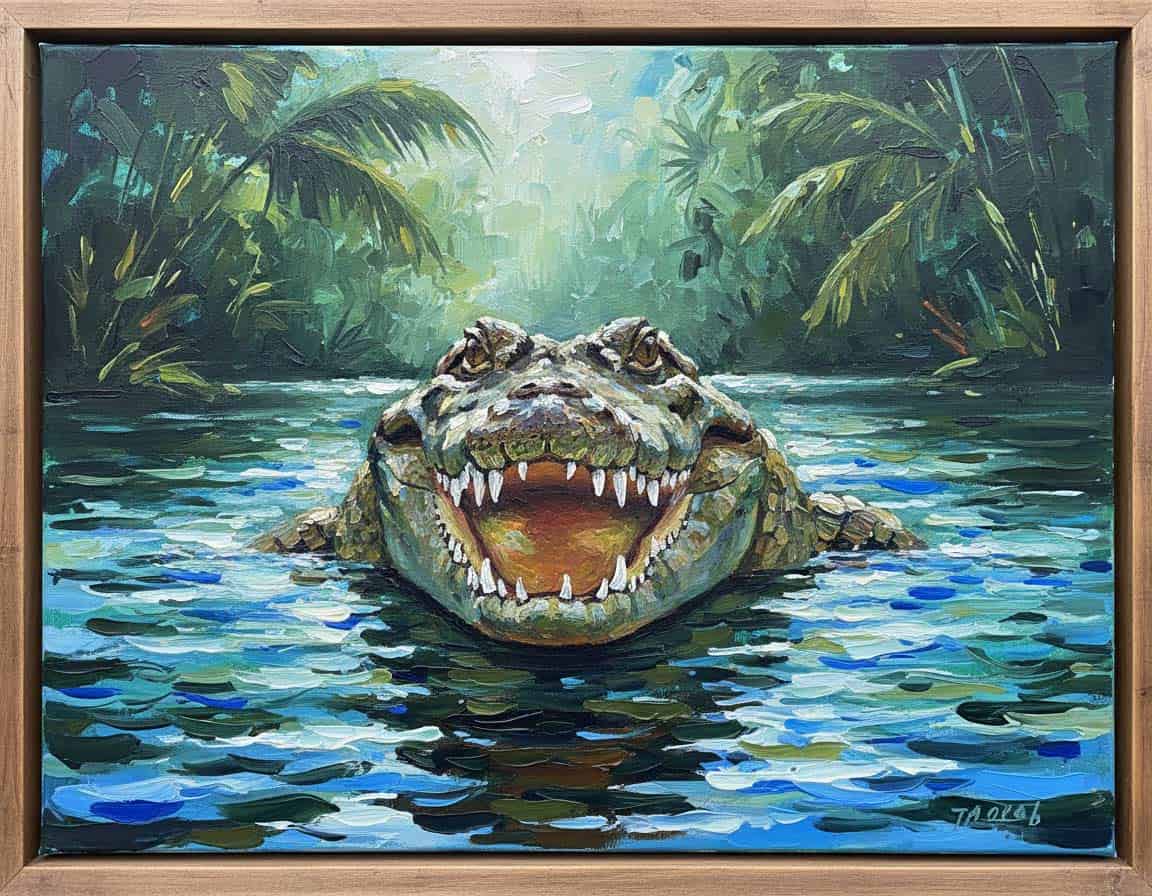 Krokodil in Acryl von vorne gemalt Krokodil in Acryl von vorne gemalt