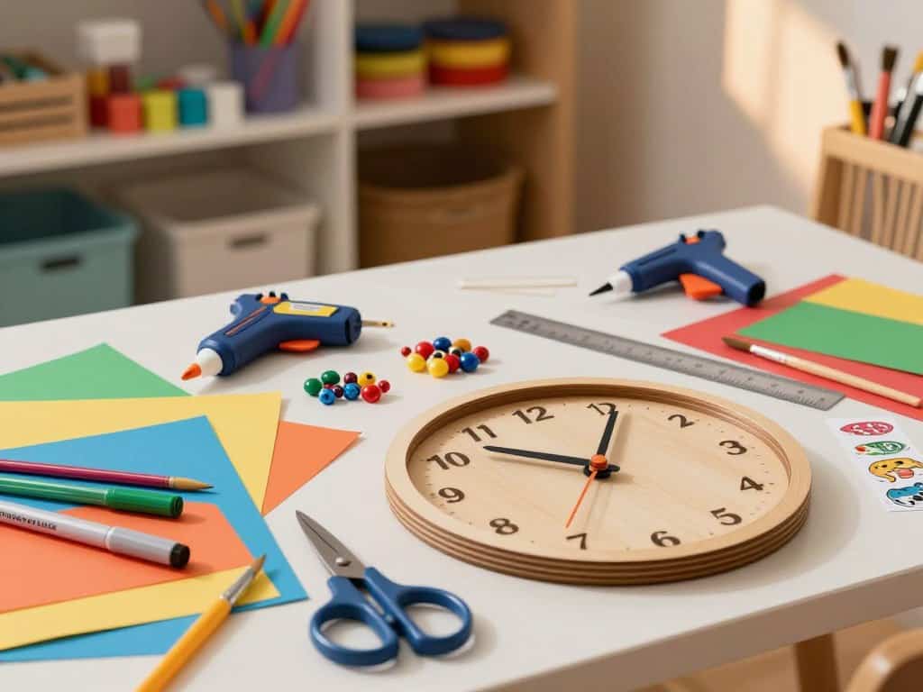 Bastelvorlage Uhr mit verschiedenen Materialien und Werkzeugen
