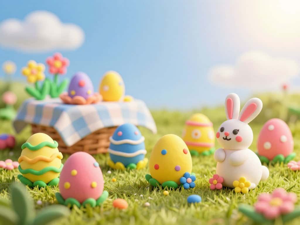 Osterdeko basteln mit bunten Knete-Ostereiern und Häschen