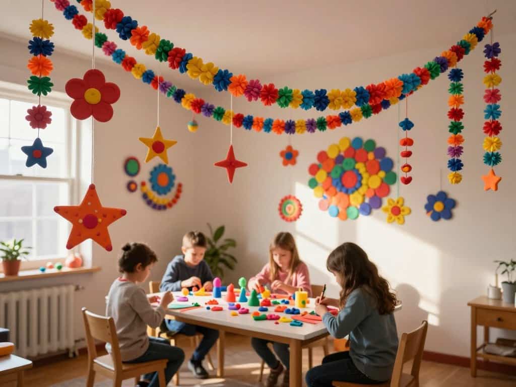 Raumdekoration mit bunten Knete-Girlanden