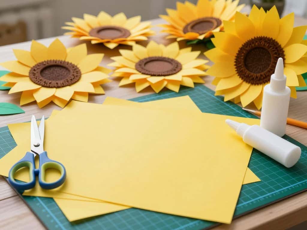 Sonnenblume basteln Materialien und bunte Papierblätter in Gelbtönen