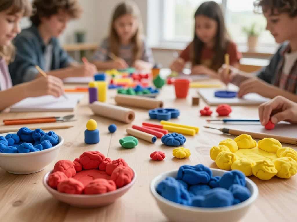 Verschiedene Knetmaterialien und Modelliermasse für Gruppenaktivitäten