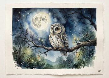 Eule auf Ast mit Mond malen - Aquarellbild