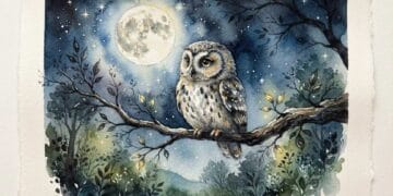 Eule auf Ast mit Mond malen - Aquarellbild