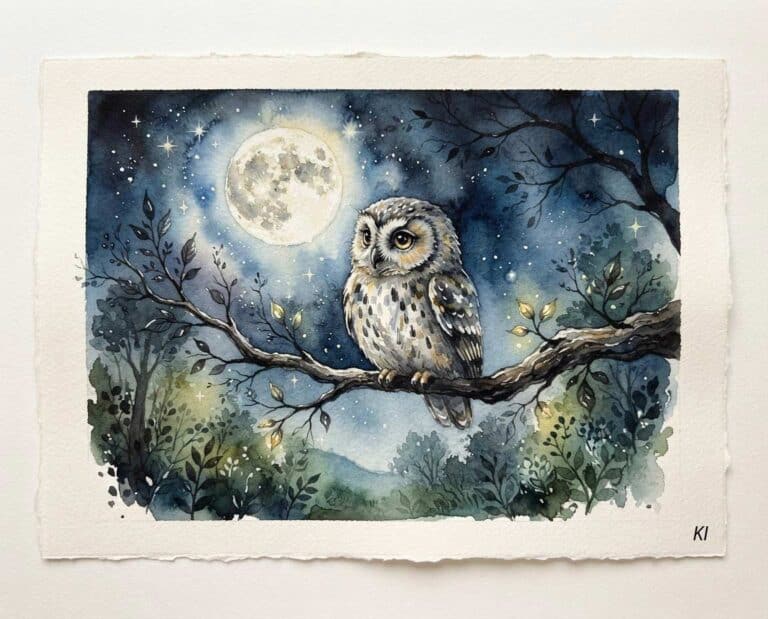 Mehr über den Artikel erfahren Eule auf Ast mit Mond malen