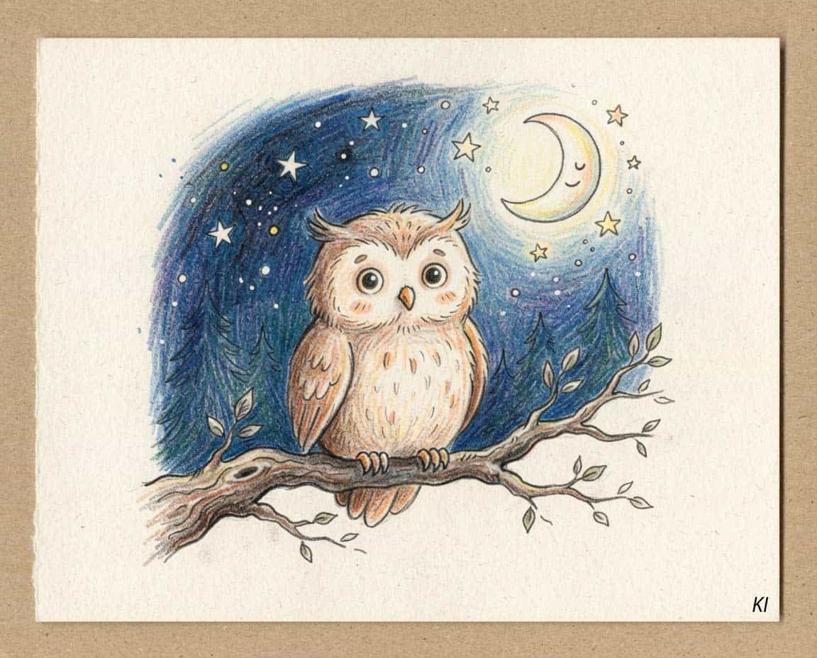 Eule auf Ast mit Mond malen Eule auf Ast mit Mond malen