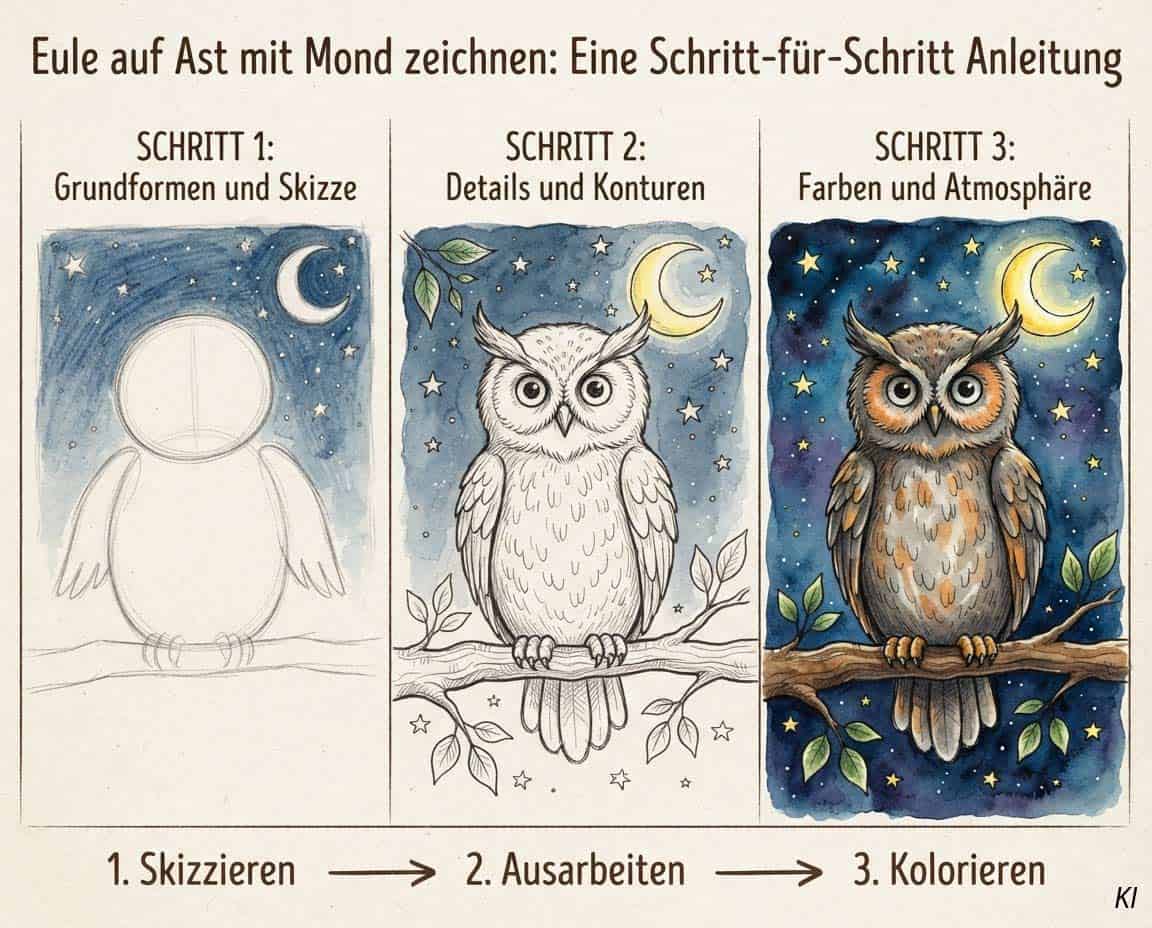 Schritt für Schritt Anleitung: Eule auf Ast mit Mond malen Schritt für Schritt Anleitung: Eule auf Ast mit Mond malen
