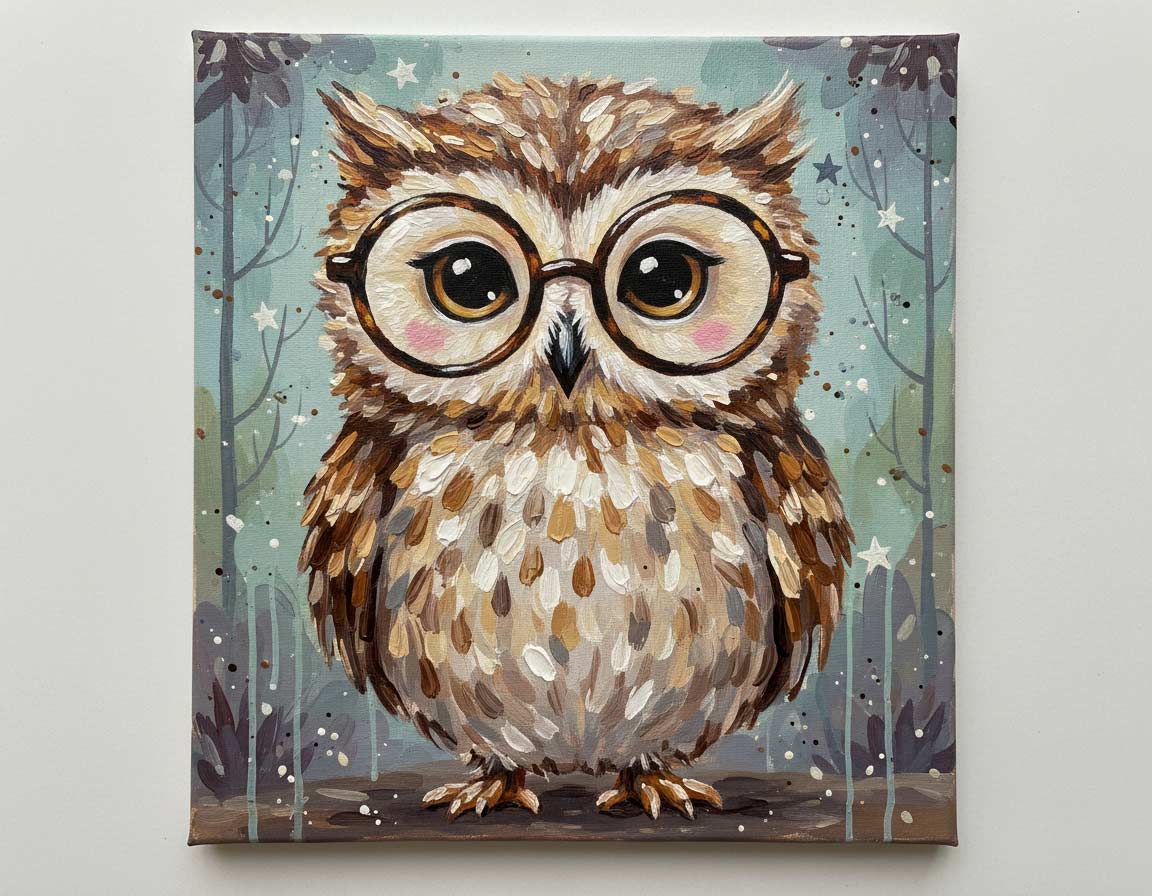 Eule mit Brille niedlich in Acryl gemalt Eule mit Brille niedlich in Acryl gemalt