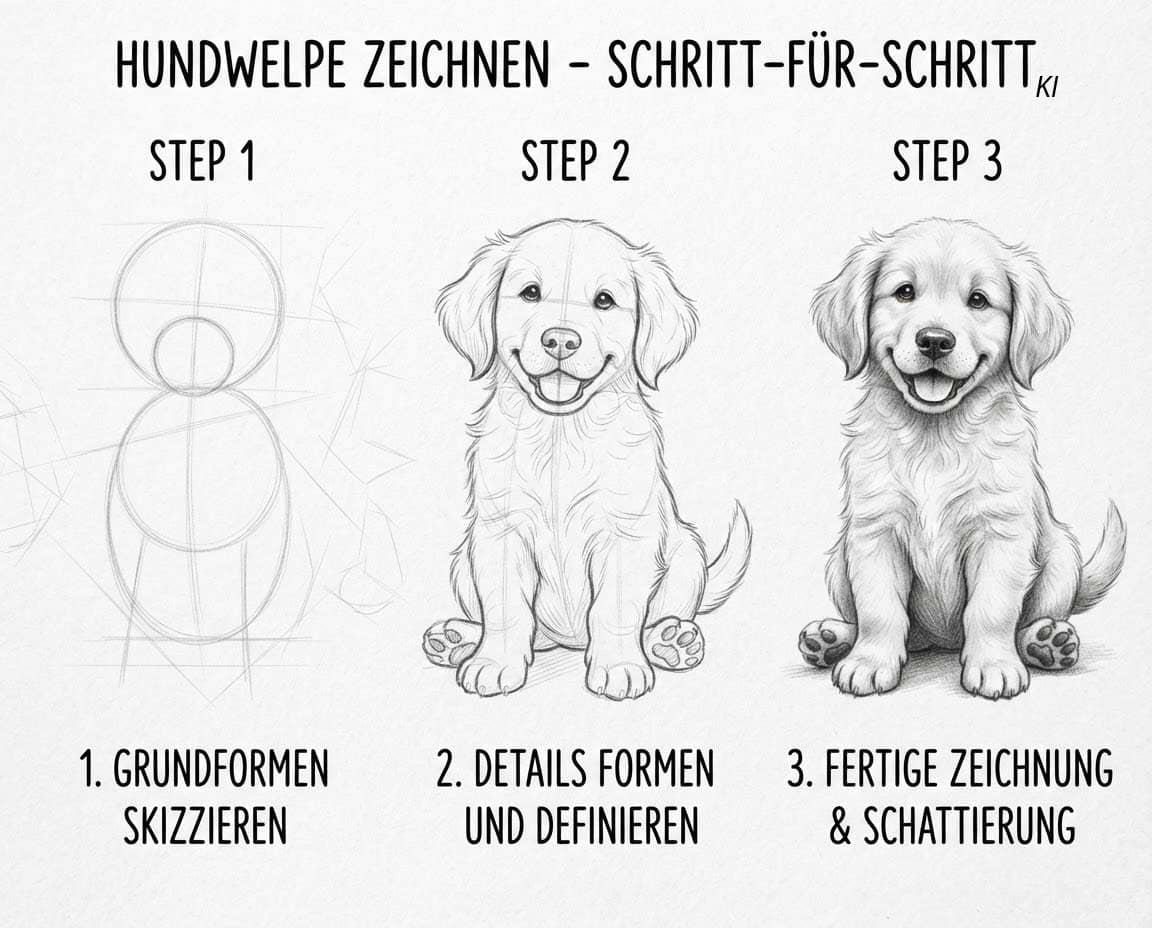 Schritt für Schritt Anleitung für eine Zeichnung eines Hundewelpens Schritt für Schritt Anleitung für eine Zeichnung eines Hundewelpens
