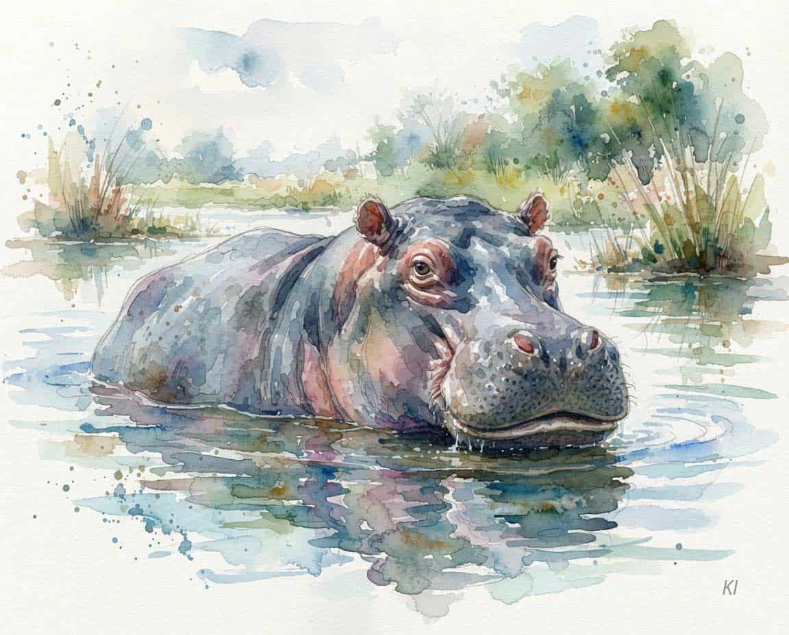 Nilpferd Zeichnung mit Aquarell Nilpferd Zeichnung mit Aquarell