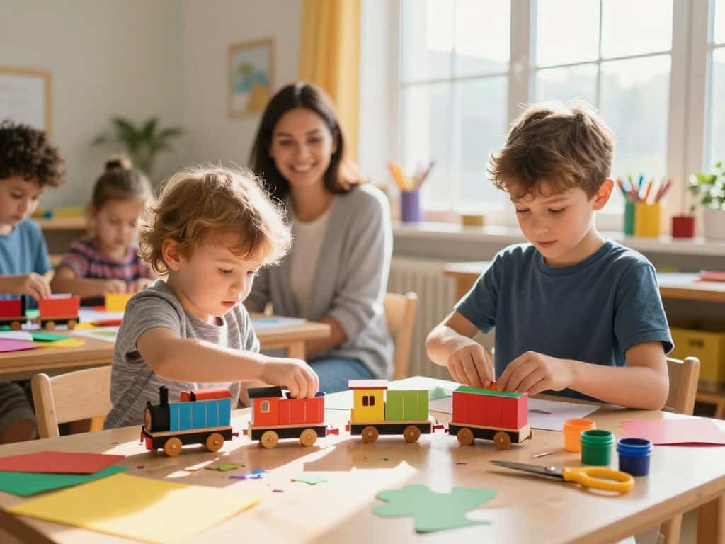 Eisenbahn basteln mit Kindern verschiedener Altersgruppen