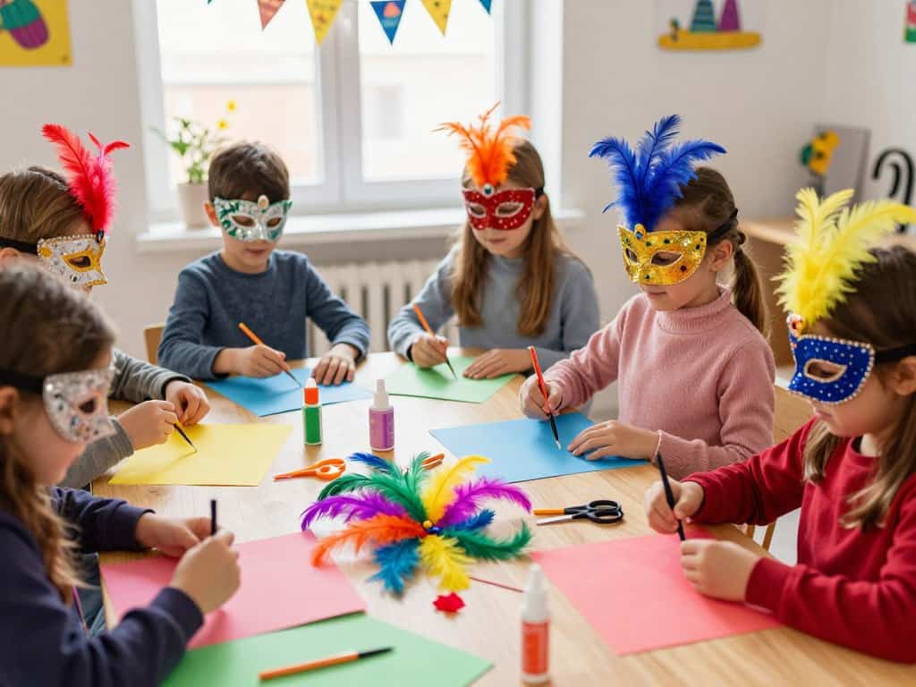 Faschingsmasken basteln mit bunten Materialien und Federn