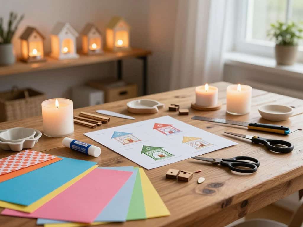 Materialien und Werkzeuge für Papier Teelichthaus und Holz Teelichthaus