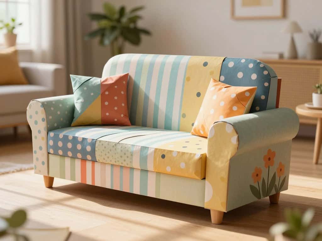 Papiersofa gestalten mit verschiedenen Farben und Mustern