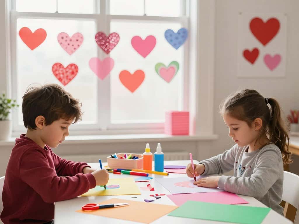 Valentinstag Basteln Kinder mit buntem Papier und Herzen