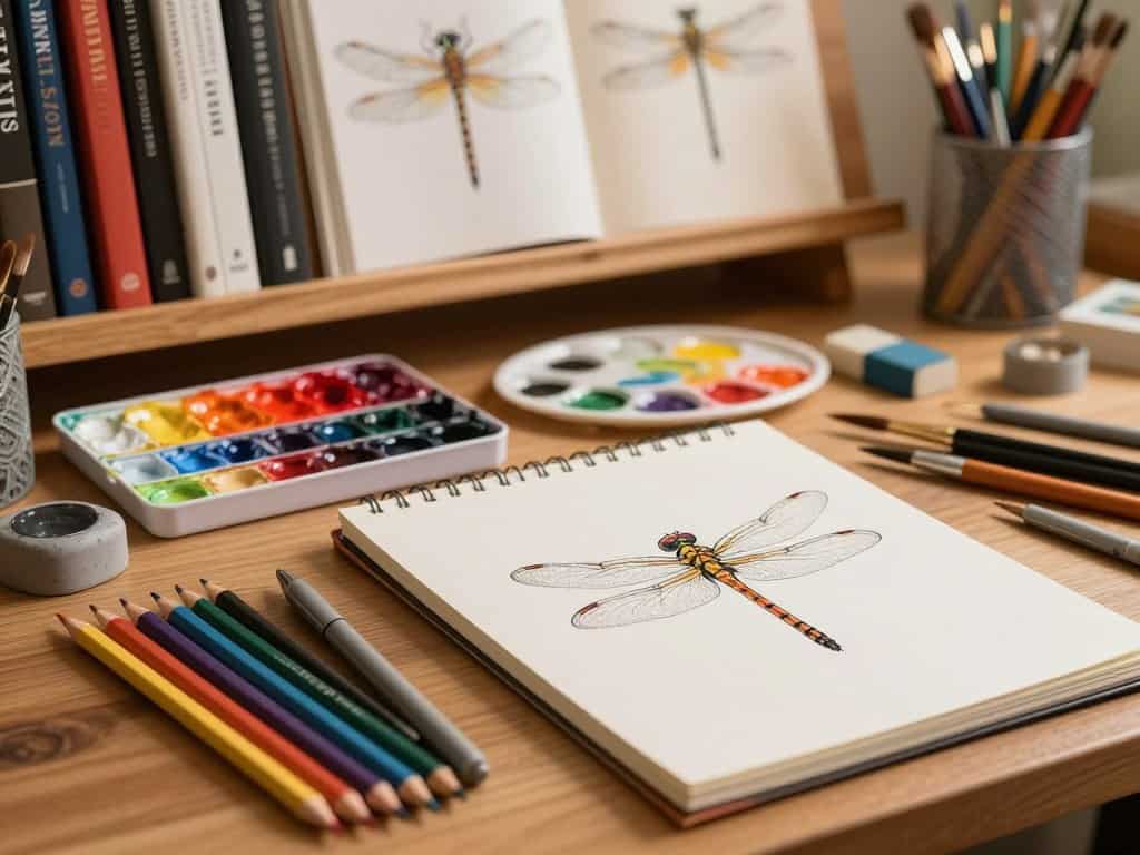 Zeichenmaterialien und Werkzeuge für Libellenzeichnung