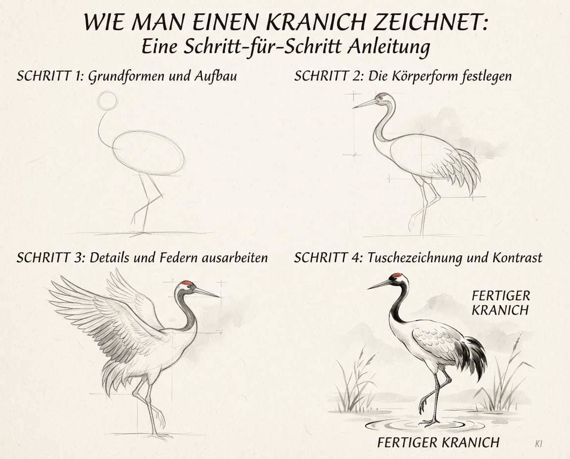 Anleitung für einen Kranich als Zeichnung Anleitung für einen Kranich als Zeichnung