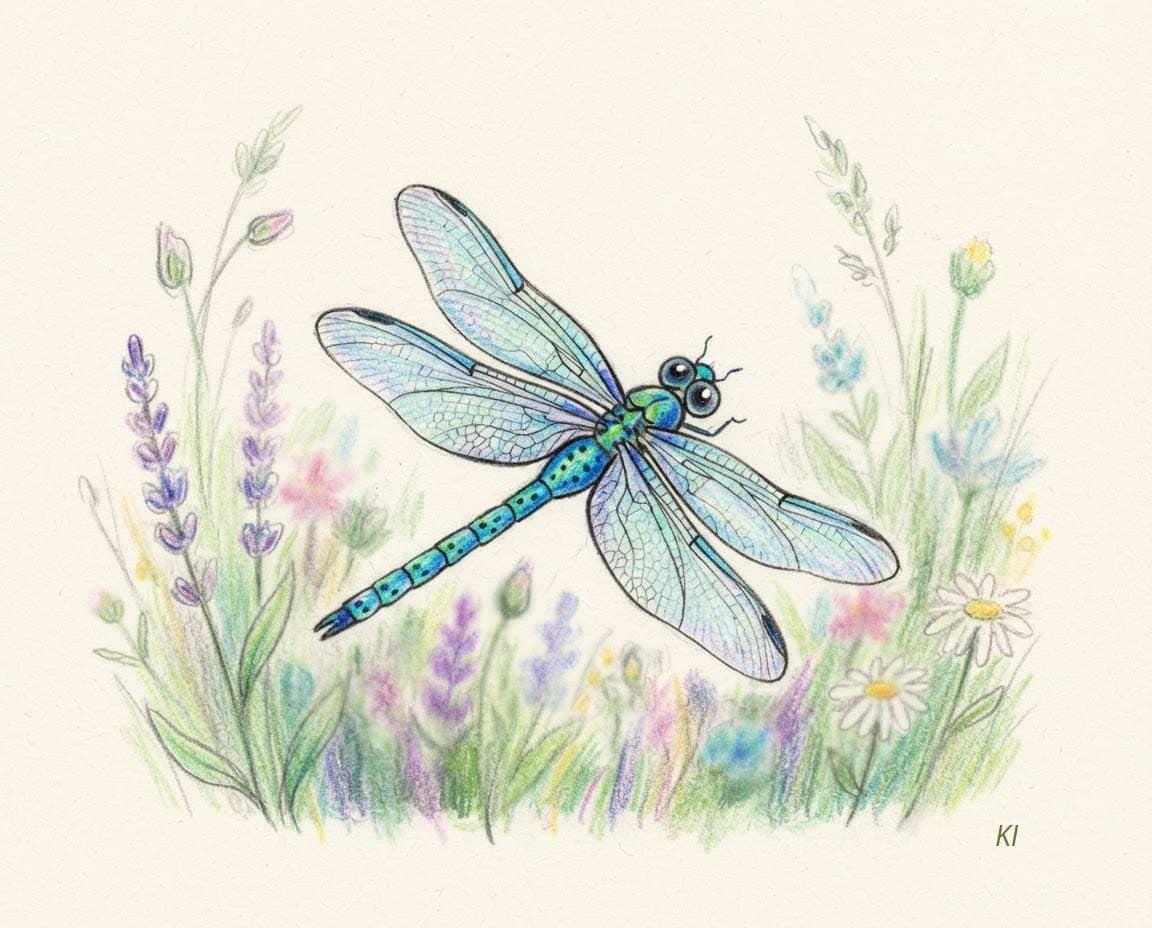 Einfache Libelle mit Buntstiften gezeichnet Einfache Libelle mit Buntstiften gezeichnet