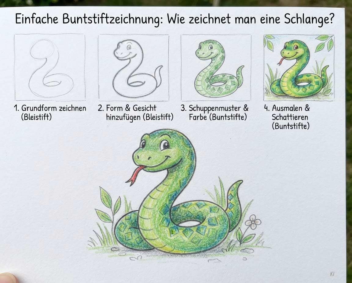 Buntstift-Zeichnung von einem Schlangenmotiv - Wie zeichnet man eine Schlange? Schritt für Schritt Anleitung Buntstift-Zeichnung von einem Schlangenmotiv - Wie zeichnet man eine Schlange? Schritt für Schritt Anleitung