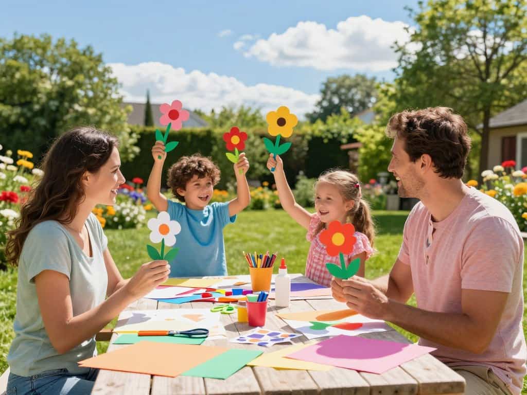 Basteln mit Kindern Sommer - Familie bastelt bunte Blumen