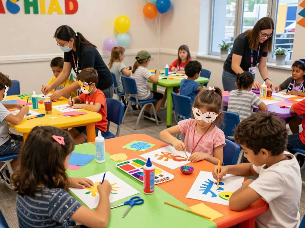 Bastelstationen einrichten für thematisches Basteln auf Kinderfest
