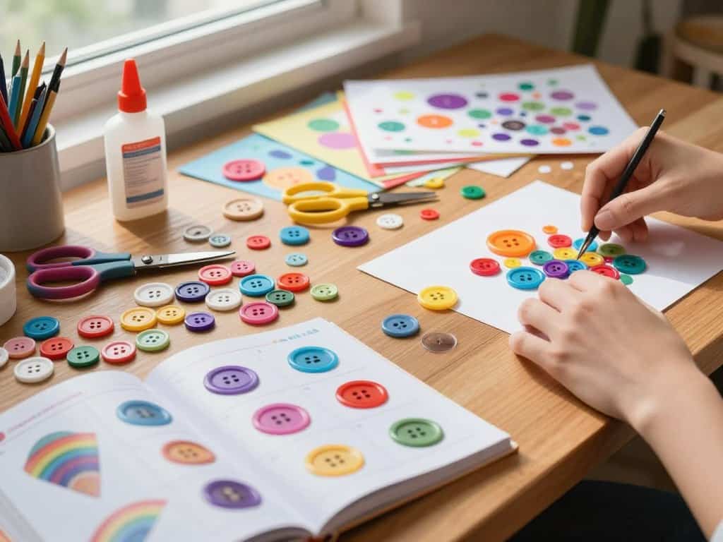 Knopfbilder Anleitung mit bunten Knöpfen und Bastelmaterialien