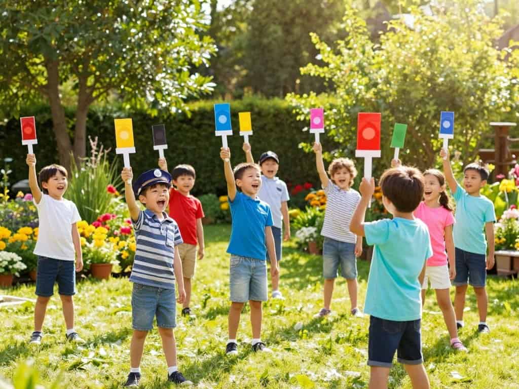 Polizeikelle Rollenspiel im Garten mit Kindern