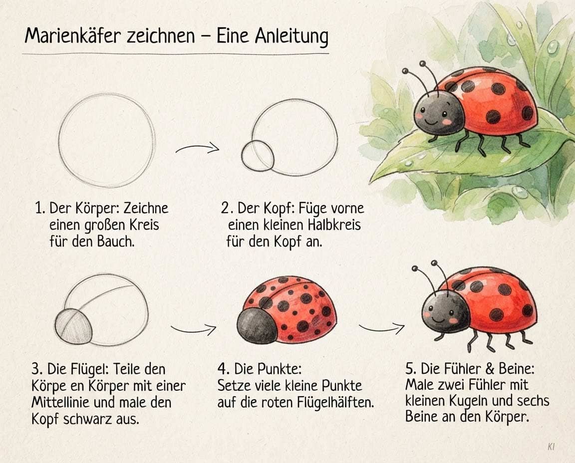 Zeichnung von einem Marienkäfermotiv - Wie zeichnet man einen Marienkäfer? Zeichnung von einem Marienkäfermotiv - Wie zeichnet man einen Marienkäfer?